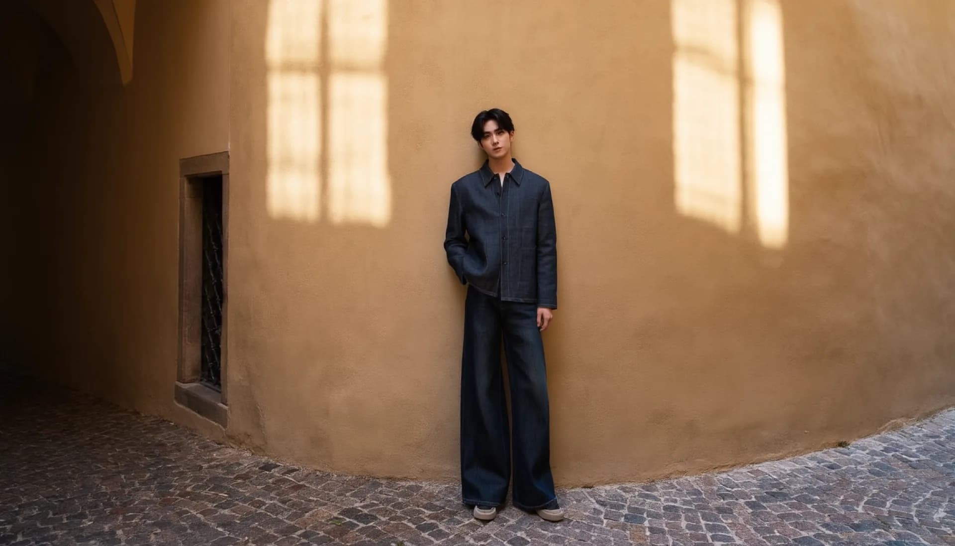 A very tall man in raw denim jeans and a linen overshirt standing against a sandstone wall in an Ulm lane