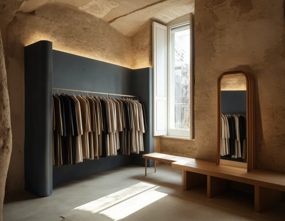 The interior of the Lang & Länger shop with unusually tall clothing rails against a sandstone wall
